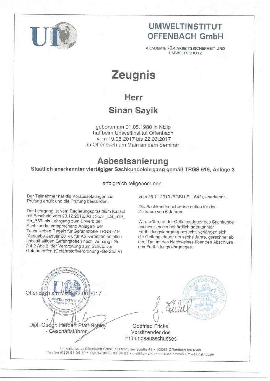 Zeugnis Asbestsanierung TRGS 519 Anlage 3