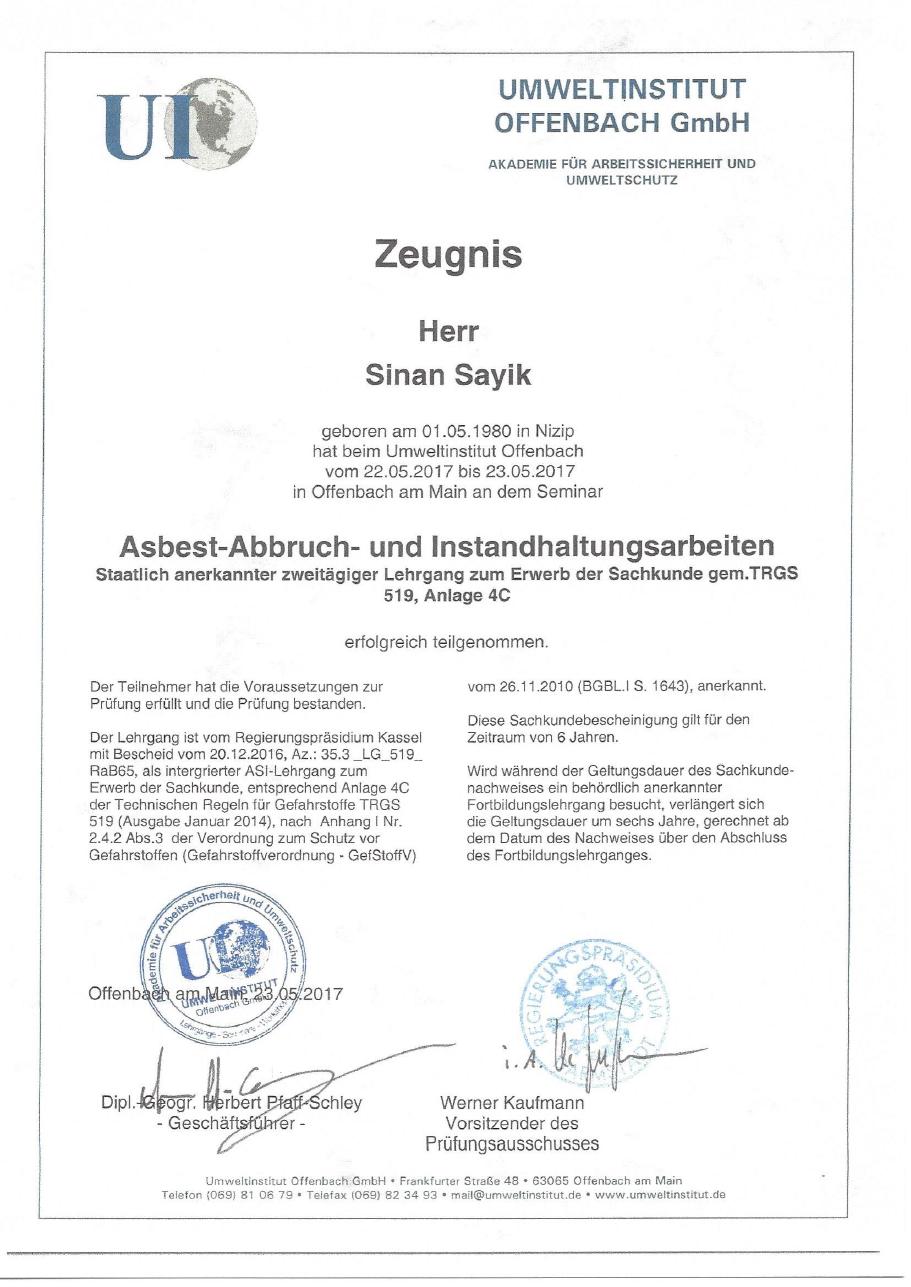 Sachkunde TRGS 519 Anlage 4C Asbest-Abbruch- und Instandhaltungsarbeiten